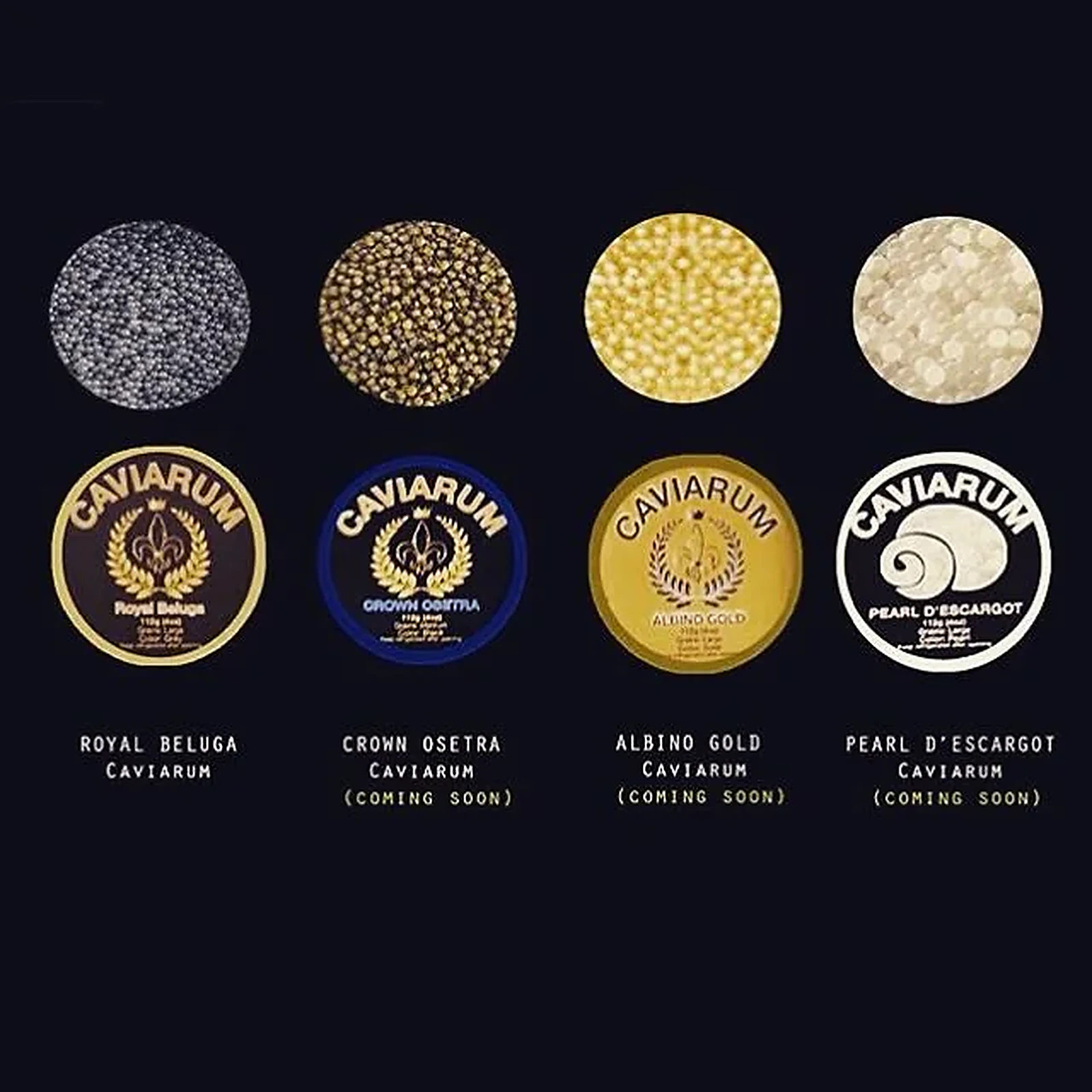 Historical Caviarum product platform: Royal Beluga, Crown Osetra, Albino Gold and Pearl d’Escargot
