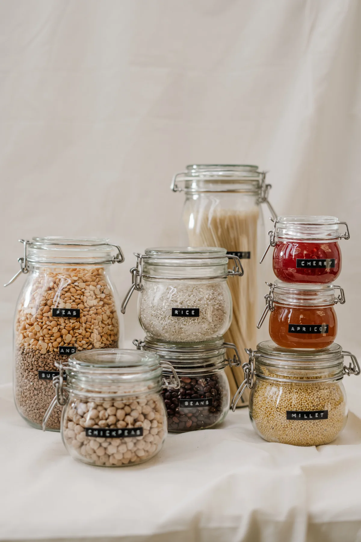Grains and dry ingredients in glass jars
